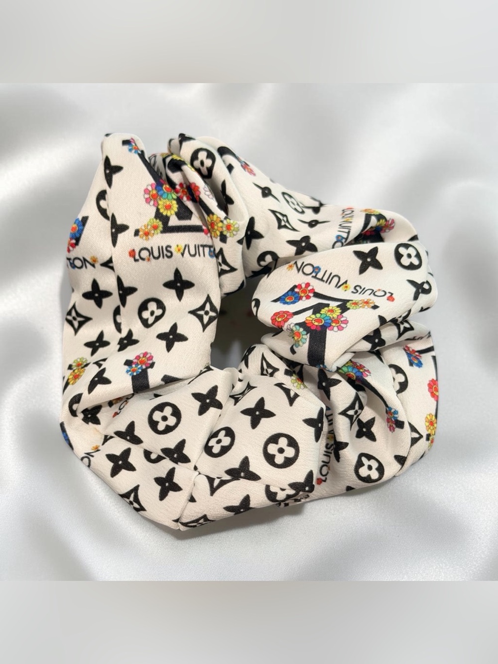 White And Black Floral Scrunchie - Picture 2 of 4